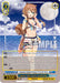 This "Summer Splash Party! Ayunda Risu (HOL/WE44-E47HLP HLP)" anime-style trading card from the hololive production Summer Collection Premium Booster, by Bushiroad, features a character with light brown hair, squirrel ears, and a tail. Wearing a colorful bikini, she's winking and smiling on the beach with the ocean and starry sky in the backdrop. The Premium Booster card showcases various game statistics and text.