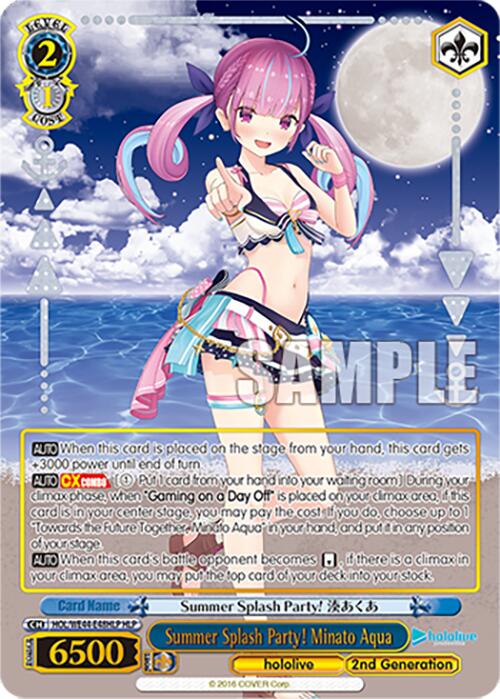 A Weiss Schwarz trading card from Bushiroad titled "Summer Splash Party! Minato Aqua (HOL/WE44-E48HLP HLP)" from the hololive production Summer Collection Premium Booster. This Character Card features a hololive production anime character with pink hair in pigtails, wearing a blue bikini with frills. She’s smiling and pointing forward against a blue sky with white clouds. Text and stats are displayed at the bottom.