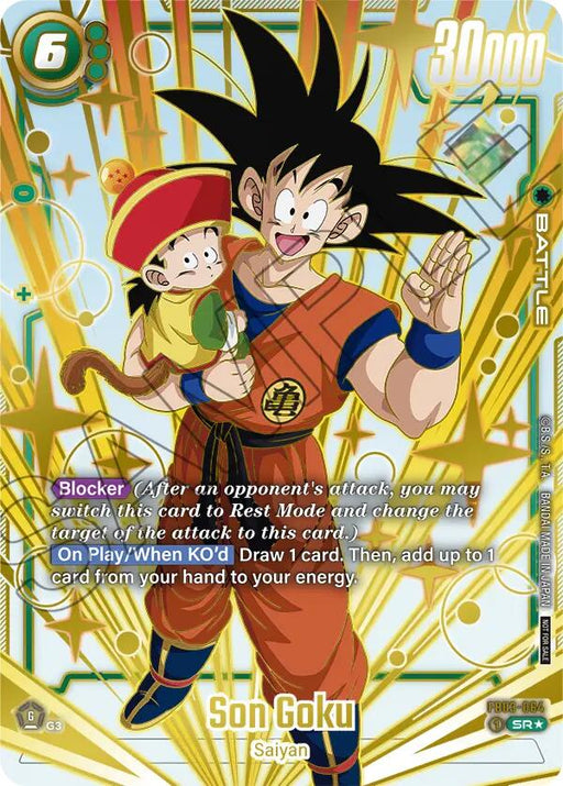 This Super Rare trading card, named "Son Goku (FB03-064) (Gold)" from the Dragon Ball Super: Fusion World collection, features Son Goku smiling and waving with his left arm raised. A small Monkey King in a hat and red outfit perches on his right shoulder. The card boasts a striking blue and yellow holographic background along with multiple text descriptions of its abilities, making it a perfect addition to any Fusion World Tournament Cards collection.