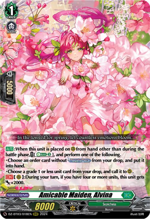 A trading card titled "Amicable Maiden, Alvina (DZ-BT03/018EN) [Dimensional Transcendence]" by Bushiroad. This Triple Rare card features an illustration of a pink-haired Bioroid adorned in a floral outfit, set against a backdrop of blooming pink flowers. The card text elaborates on its abilities and stats, which include a power of 8000, grade 1 status, and specific battle-activated abilities.