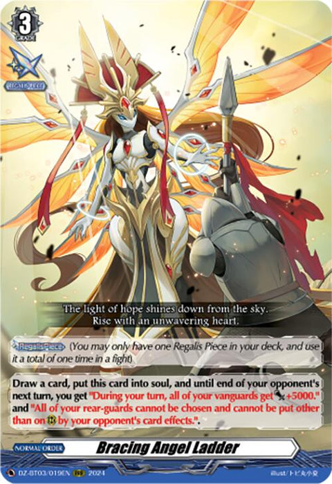 A fantasy trading card titled "Bracing Angel Ladder (DZ-BT03/019EN) [Dimensional Transcendence]" by Bushiroad, a Triple Rare featuring an armored angelic figure with majestic wings, a glowing sword, and a radiant halo. Text at the bottom provides game instructions and card effects, highlighted by an ethereal background with light rays and mystical symbols.