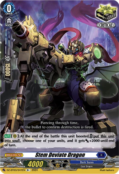 Introducing the "Stem Deviate Dragon (R+) (DZ-BT03/047EN) [Dimensional Transcendence]" by Bushiroad. This intricately illustrated Yu-Gi-Oh trading card features a formidable mechanical dragon equipped with a large cannon and clad in striking green and gold metallic armor. Boasting an impressive attack power of 4000 and a critical rating of one, the card includes comprehensive text detailing its unique abilities and Dimensional Transcendence attributes in fine print.