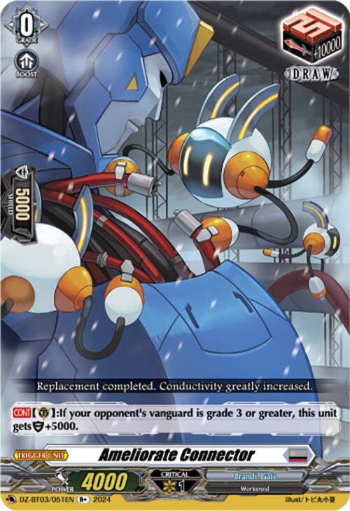 A Bushiroad "Cardfight!! Vanguard" trading card featuring Ameliorate Connector (R+) (DZ-BT03/051EN) [Dimensional Transcendence], a robot in blue and white armor with yellow accents, embodying the essence of Brandt Gate. The robot stands in an industrial setting, showcasing its mechanical appendage. Text details include a power of 4000 and additional skill descriptions.