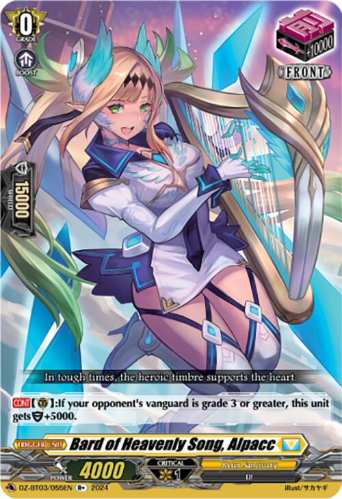 A fantasy card from Bushiroad depicts Bard of Heavenly Song, Alpacc (R+) from the Dimensional Transcendence series. This elf, originating from Keter Sanctuary, features long blue hair and pointed ears while playing a magical string instrument decorated with glowing accents. The character is adorned in ornate armor with wings and surrounded by a vibrant aura. Text and stats are displayed at the bottom of the card.