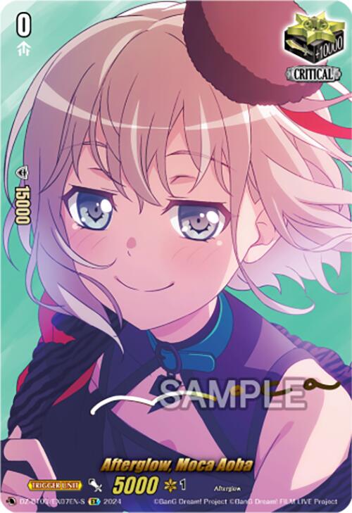 The trading card "Afterglow, Moca Aoba (Foil) (DZ-BT03/EX07EN-S) [Dimensional Transcendence]" by Bushiroad features Moca Aoba of Afterglow with short light hair, blue eyes, and a slight smile. She sports a dark outfit paired with a blue tie and holds onto her hair with one hand. The card boasts attributes like "5000 Power" and "1 Critical," while the word "SAMPLE" overlays the character, embodying a Critical Trigger.