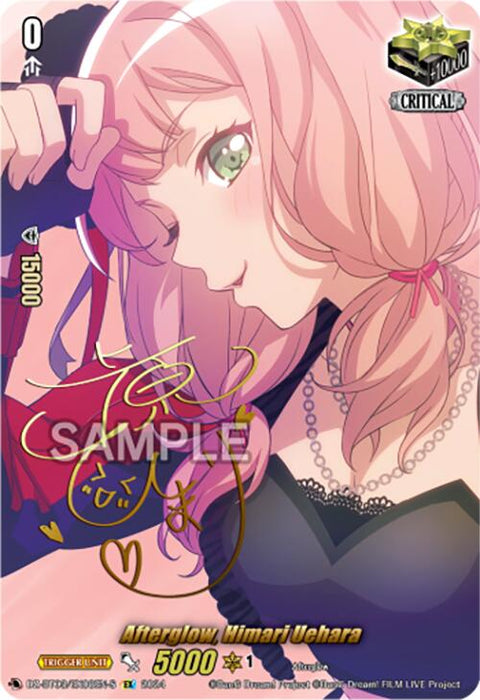 The Afterglow, Himari Uehara (Foil) (DZ-BT03/EX08EN-S) [Dimensional Transcendence] playing card from Bushiroad showcases an anime-style female character with long, wavy pink hair and striking green eyes. She is adorned in a black outfit with matching jewelry. The card displays the numbers "0," "15000," and "5000" prominently in the center, along with the text: "Afterglow, Critical Trigger: Himari Uehara.