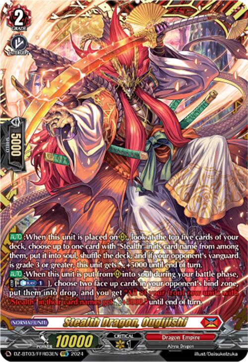 The "Stealth Dragon, Ougijishi (DZ-BT03/FFR03EN) [Dimensional Transcendence]" trading card from Bushiroad's Cardfight!! Vanguard series belongs to the Dragon Empire clan. It depicts an Abyss Dragon warrior adorned in elaborate armor and wielding dual katanas. This Double Frame Rare card boasts a power level of 10,000 and contains detailed text outlining its abilities and gameplay rules.