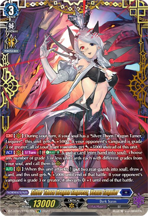 A fantasy-themed trading card named "Silver Thorn Dragon Empress, Venus Luquier (DZ-BT03/FFR07EN) [Dimensional Transcendence]" by Bushiroad features a female character with long silver hair and red eyes holding a sword, dressed in an elaborate outfit with red and purple accents. The background is adorned with intricate gold patterns, detailing various game effects.