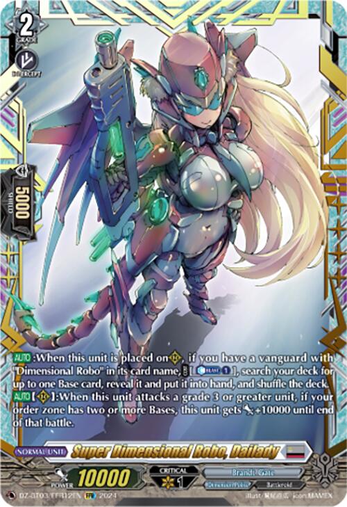 A heavily-armored female warrior with long blonde hair and headgear brandishes a futuristic gun. The card, "Super Dimensional Robo, Dailady (DZ-BT03/FFR12EN) [Dimensional Transcendence]," from Bushiroad's Dimension Police series has a power rating of 10,000 and a shield rating of 5,000. This Double Frame Rare features a detailed, colorful anime-style design with text descriptions at the bottom.