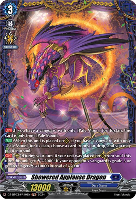 A fantasy-themed card featuring "Showered Applause Dragon (DZ-BT03/FR10EN) [Dimensional Transcendence]," an Abyss Dragon from Bushiroad adorned in gold and purple armor with large wings. Holding a large purple crystal, the creature stands against a mystical backdrop with a glowing orb, runes, and vibrant colors. This Frame Rare card boasts Dimensional Transcendence abilities: 13000 power, 1 critical.