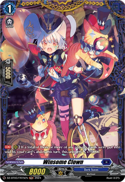 A colorful illustration of Winsome Clown (DZ-BT03/FR15EN) from the "Dimensional Transcendence" series of the card game "Cardfight!! Vanguard" by Bushiroad. The character, surrounded by magical effects, has a playful and energetic expression while juggling items. The Frame Rare card details its abilities, stating it gains a boost of 4000 power under certain conditions.