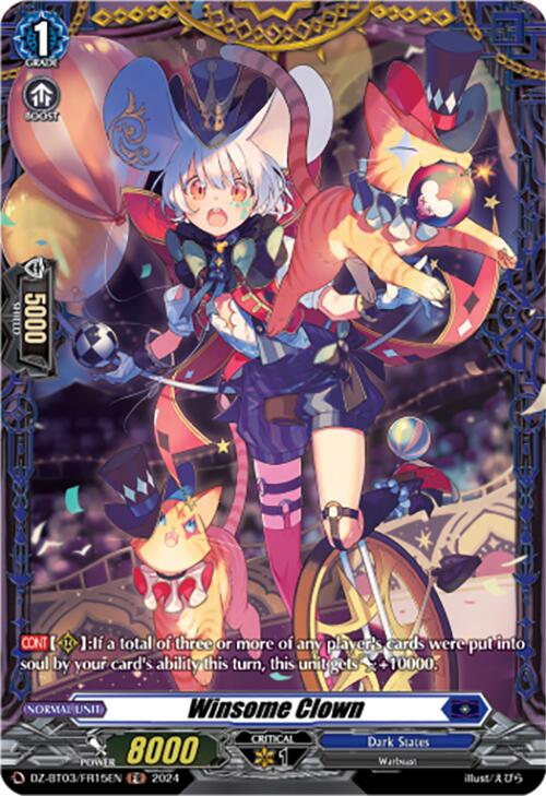 A colorful illustration of Winsome Clown (DZ-BT03/FR15EN) from the "Dimensional Transcendence" series of the card game "Cardfight!! Vanguard" by Bushiroad. The character, surrounded by magical effects, has a playful and energetic expression while juggling items. The Frame Rare card details its abilities, stating it gains a boost of 4000 power under certain conditions.