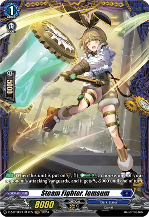 A "Cardfight!! Vanguard" trading card featuring "Steam Fighter, Iemsum (DZ-BT03/FR17EN)" from the Dimensional Transcendence set by Bushiroad. The character is an armored figure with rabbit ears, wielding a large mechanical hammer decorated with gears. With impressive stats of 8000 power and 10000 shield, this card also includes effects to boost vanguard units' defense.