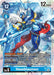 A Super Rare Digimon card, Hexeblaumon [EX7-023] from the Digimon LIBERATOR series, featuring a powerful blue and white armored creature with spiked shoulder pads and clawed hands. Hexeblaumon stands amidst swirling ice and snow, showcasing impressive stats: Play cost 12, Digivolve cost 4, DP 12000, Level 6. The card includes detailed abilities and characteristics.