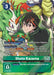 The Digimon trading card named "Shoto Kazama [EX7-064] (Alternate Art) [Digimon LIBERATOR]" showcases a male Tamer with a green, white, and red dragon-like Digimon. It includes game mechanics such as gaining memory and features Digimon traits under the Vortex Warriors banner, with the bottom section detailing a security effect.