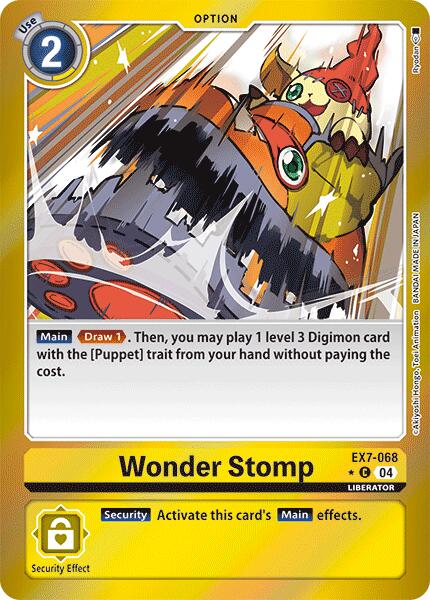 A yellow Digimon card named "Wonder Stomp [EX7-068] (Foil) [Digimon LIBERATOR]" with a cost of 2 in the upper left. The card showcases a dynamic illustration of a Digimon mid-stomp, surrounded by lightning and debris. Its main effect enables a player to draw 1 card and play a level 3 Digimon LIBERATOR card with the "Puppet" trait for free.