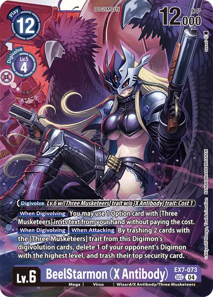 The BeelStarmon [EX7-073] (X Antibody) card from Digimon LIBERATOR features a striking depiction of BeelStarmon, clad in dark armor with wings and long white hair. As one of the Three Musketeers, she wields dual guns amid a dynamic purple swirl. This Secret Rare card boasts a play cost of 12, a DP of 12000, and details various abilities and Digivolve options within the text.