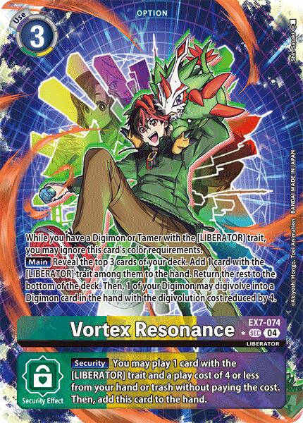 A detailed Digimon LIBERATOR Vortex Resonance [EX7-074] (Alternate Art) Option Card from the Digimon Trading Card Game. The card features a green background with textured patterns and a central character wielding a glowing weapon. Text overlays include card effects and instructions, and it has a purple security effect box at the bottom. Texts are in English.