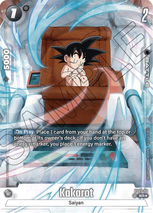 A Super Rare trading card from the Starter Deck: Bardock, named Kakarot (Alternate Art), features a young character called Kakarot. He is sitting in a spherical pod, wearing only a diaper, and is asleep. The background is futuristic with blue and white energy waves. This card from Dragon Ball Super: Fusion World displays 5000 power and details of Kakarot's abilities.