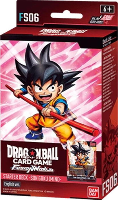 The image displays a Dragon Ball Super: Fusion World card game package, prominently featuring "Starter Deck 6: Son Goku (Mini)" on the front. The illustration depicts the iconic character with spiky black hair in a martial arts pose, wearing an orange and blue outfit against a vibrant red Fusion World design adorned with various logos.