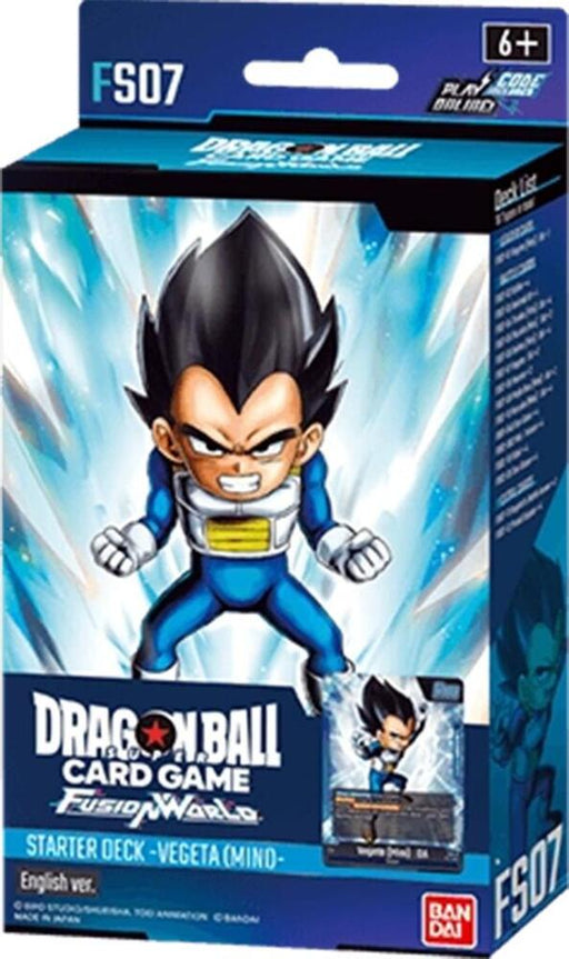 The image highlights the Dragon Ball Super: Fusion World Starter Deck 7: Vegeta (Mini), featuring an illustration of Vegeta in Super Saiyan form with his spiky black and purple hair, dressed in blue and white armor. Suitable for ages 6 and up, the item code is FS07.