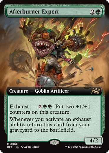 The extended art card, "Afterburner Expert" from Magic: The Gathering's Aetherdrift, features a goblin artificer with goggles and mechanical wings. It costs 2 green mana and 1 colorless, has a 4/2 power/toughness, and showcases abilities involving counters and returning from the graveyard.