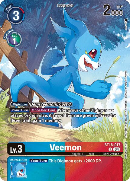 A Digimon card named Veemon [BT16-017] (Legend Pack 2024) [Beginning Observer] featuring a blue, anthropomorphic dragon-like creature in an action pose with 2000 DP. This Promo card is categorized as Lv. 3, Rookie, Free, and Mini Dragon, and includes text regarding the Digivolve cost, abilities, and the "Once Per Turn" effect.