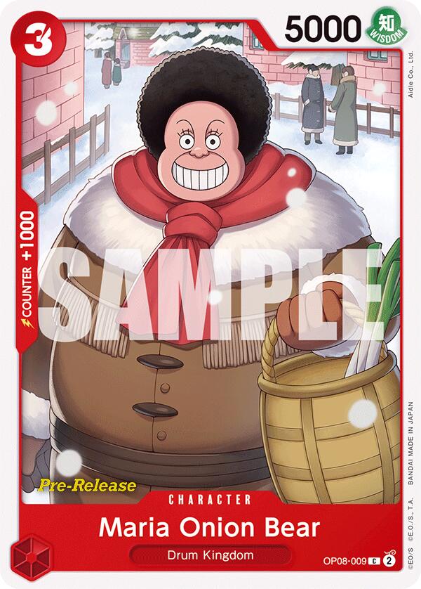 The Maria Onion Bear card from the Bandai Two Legends Pre-Release series features her with a large afro, joyful expression, and fur-collared winter coat. She's in a snowy village clutching a basket. The card includes stats, branding details, and a sample watermark.