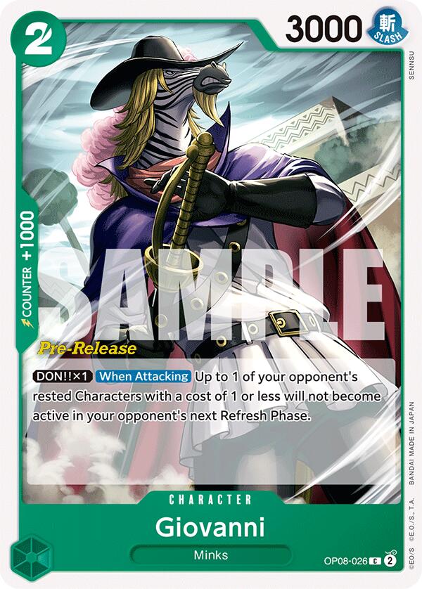 The Giovanni [Two Legends Pre-Release Cards] by Bandai features a humanoid zebra with a purple cape and dark green coat. This mink class card, costing 2, wields a sword with finesse and boasts 3000 power and special abilities that target opponent's refreshed characters.