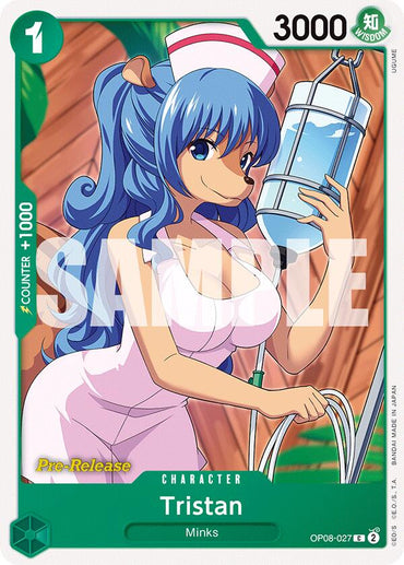 This Bandai trading card, part of the "Tristan [Two Legends Pre-Release Cards]," features an anime-style illustration of Tristan, a Mink with blue hair and fox-like attributes. She is depicted in a pink nurse outfit holding a water bottle. The card prominently displays "3000" in the corner and bears the "Pre-Release" label, with "SAMPLE" overlaying the image.