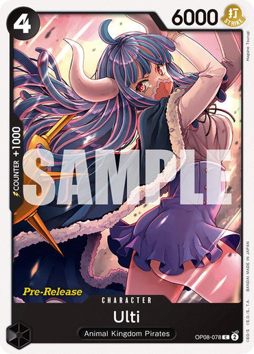 This pre-release card from Bandai, part of the "Ulti [Two Legends Pre-Release Cards]" series, highlights Ulti of the Animal Kingdom Pirates. She is depicted with long blue and purple hair, horns, and a detailed outfit featuring a fur collar and frilled skirt, standing as one of the Two Legends. Her stats are prominently displayed on the card.