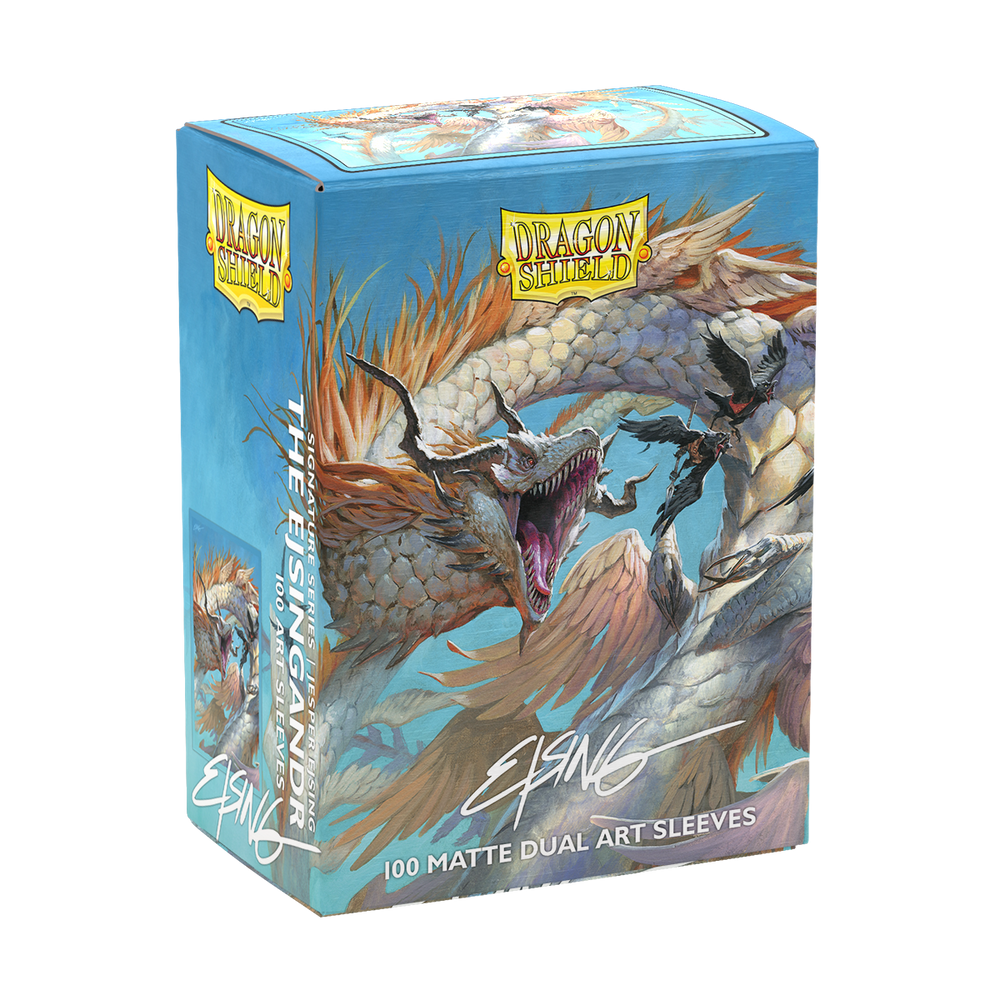 Box of Dragon Shield sleeves by Arcane Tinmen with fantasy artwork of Ejsingandr, a multi-headed dragon in blue and orange against a cloudy sky. Text: "100 Dual Matte Sleeves" and "Ejsingandr." Ideal for trading card enthusiasts.