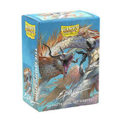 Box of Dragon Shield sleeves by Arcane Tinmen with fantasy artwork of Ejsingandr, a multi-headed dragon in blue and orange against a cloudy sky. Text: "100 Dual Matte Sleeves" and "Ejsingandr." Ideal for trading card enthusiasts.