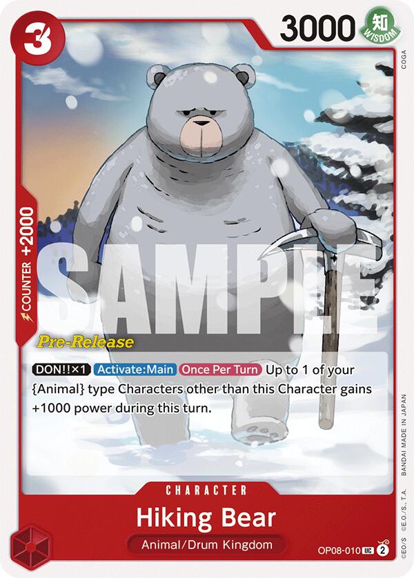 Hiking Bear by Bandai is an anime-style card from the Two Legends Pre-Release collection, showcasing a large gray bear standing upright with an ice pick in a snowy landscape. The card features attributes of 3000 power and +2000 counter, and includes abilities that enhance animal-type characters. It is of uncommon rarity.