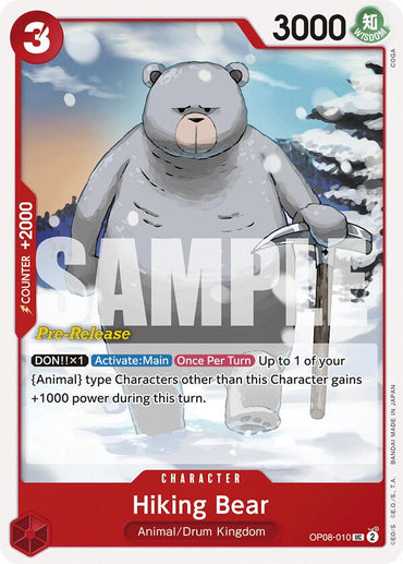 Hiking Bear by Bandai is an anime-style card from the Two Legends Pre-Release collection, showcasing a large gray bear standing upright with an ice pick in a snowy landscape. The card features attributes of 3000 power and +2000 counter, and includes abilities that enhance animal-type characters. It is of uncommon rarity.