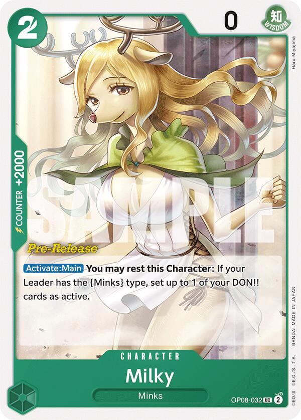 The Bandai Two Legends pre-release card features "Milky" with deer antlers, a green cloak with a fluffy collar, long wavy blonde hair, and a confident expression, overlaid with the word "SAMPLE.