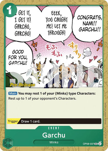 The "Garchu" card, from Bandai's exclusive Two Legends Pre-Release Cards collection, is adorned with manga-style artwork depicting characters embraced amid speech bubbles reading, "Get it, I got her!", "Eeek, you caught me!", and "Good for you!" This green-bordered Event Card includes game text related to resting characters and drawing a card.