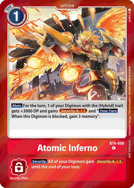 The vibrant trading card, Atomic Inferno [BT4-098] from the Event Pack 7 under Digimon's Great Legend series, features a fiery Hybrid Digimon adorned with wings and armor in an action-packed stance. This card boosts Digimon stats and incorporates Security Attack effects, finished with red borders and text that outlines its capabilities.