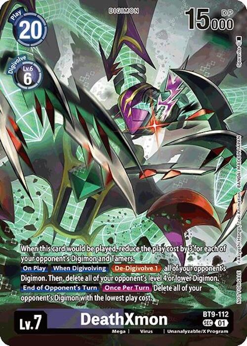 The DeathXmon [BT9-112] (Event Pack 7) [X Record] promo card showcases the fierce Mega Digimon in metallic armor with sharp red claws and a striking green-purple color scheme. With a play cost of 20, it evolves from Lv.6 for a cost of 6 to reach 15,000 DP at Lv.7, and includes effects that impact opponent's Digimon and Tamers. Part of the Digimon brand, this card features the ID BT9-112.