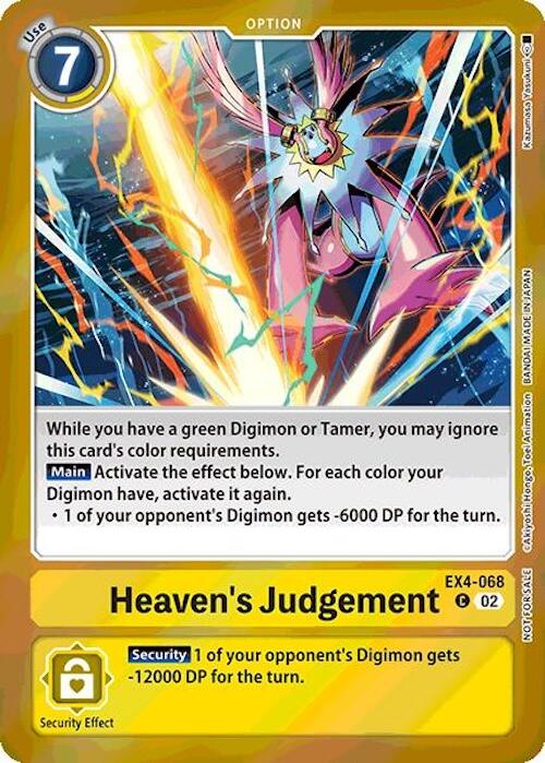 The Digimon trading card titled "Heaven's Judgement [EX4-068] (Event Pack 7)" from the new Alternative Being Booster set features a striking yellow border. With a use cost of 7, this card showcases a formidable Digimon adorned with large wings and armor, emanating energy. It significantly reduces an opponent's Digimon's DP and possesses a security effect that further decreases DP.