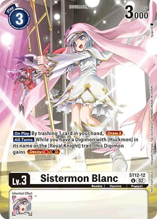 From the Starter Deck: Jesmon, Sistermon Blanc [ST12-12] (Event Pack 7) is a trading card from the Digimon brand featuring Sistermon Blanc. The card showcases a character in a white and gold outfit with a hood, holding a staff. It includes details like Play Cost 3 and DP 3000, along with her abilities. Her Inherited Effect is highlighted, alongside traits such as Rookie, Vaccine, and Decoy Red/Black.