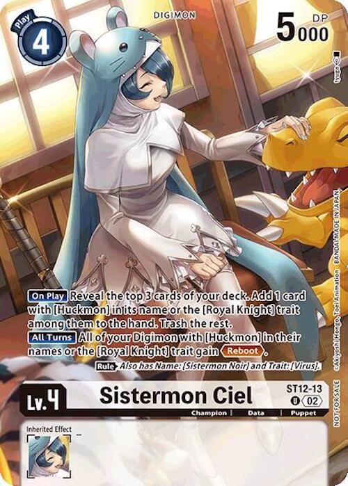 A trading card named Sistermon Ciel [ST12-13] from the Event Pack 7, part of the Digimon Starter Deck: Jesmon, features a Digimon character adorned in a blue mouse-like hat and white dress, accompanied by a small dinosaur-like companion. This card highlights stats of Level 4 with 5000 DP, and a play cost of 4, offering effects related to Huckmon and Royal Knight traits.