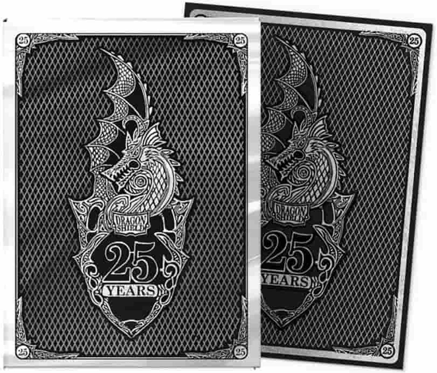 Two overlapping black and white trading cards showcase intricate dragon designs, akin to Dragon Shield matte art sleeves by Arcane Tinmen. Each features a stylized dragon inside a shield with 