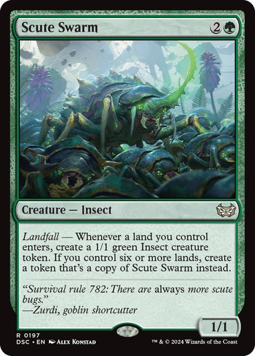 The Magic: The Gathering card titled "Scute Swarm [Duskmourn: House of Horror Commander]" features menacing green insects with numerous legs, climbing over each other in a dense swarm. The card boasts a green border, a casting cost of 2G, and a power/toughness of 1/1. It showcases the Landfall mechanic and flavor text from Zurdi, Goblin Shortcutter.