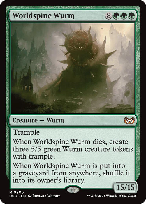 A Magic: The Gathering card titled "Worldspine Wurm [Duskmourn: House of Horror Commander]." This green Creature — Wurm costs 8 colorless and 3 green mana with a power/toughness of 15/15. It has Trample, creates three 5/5 Wurm tokens on death, and shuffles into its owner's library from the graveyard. Artwork by Richard Wright depicts a colossal, sprawling creature.