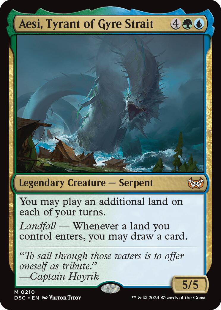 The Magic: The Gathering card, *Aesi, Tyrant of Gyre Strait [Duskmourn: House of Horror Commander]*, showcases a legendary serpent rising from stormy seas. This card features mechanics like 