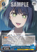 A Perfect Trace, Akane Kurokawa (OSK/S107-E068 RR) Character Card from Bushiroad's "Weiß Schwarz" series featuring Akane Kurokawa from [OSHI NO KO]. Akane, with her short blue-green bob cut and starry eyes, is laughing. The Double Rare card includes game stats and effects, with a "SAMPLE" watermark at the top. Text at the bottom details Akane’s abilities.