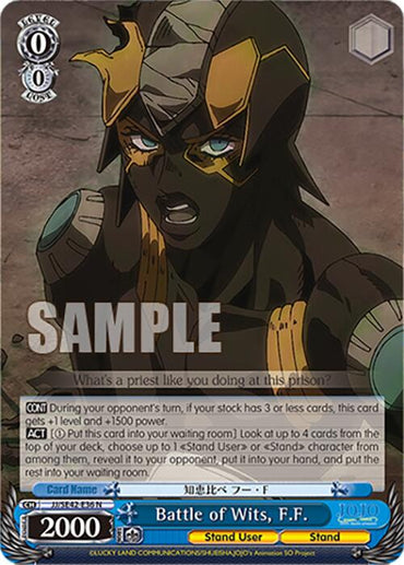 The "Battle of Wits, F.F. (JJ/SE42-E36 N)" trading card by Bushiroad features a dark-skinned, yellow-marked Stand User with a helmet-like headpiece and fervent speech. From JoJo's Bizarre Adventure: Golden Wind, it boasts 0 cost, 2000 power, and traits like "Stand User" and "Stand.