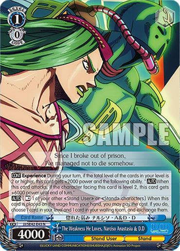 A vibrant trading card from Bushiroad showcases Narciso Anastasia & D.D from JoJo's Bizarre Adventure: Golden Wind. The animated character with green hair and a sleeveless outfit looks determined, featuring stats and abilities with a power value of 4000 against dynamic blue and green tones.