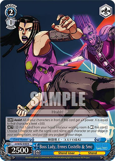 The Boss Lady trading card from Bushiroad features Ermes Costello & her Stand, Smc, from JoJo's Bizarre Adventure: Golden Wind. It showcases a muscular woman in black wielding a precise rectangular object, partnered with her fierce purple robotic Stand. Text overlays highlight their stats and abilities.